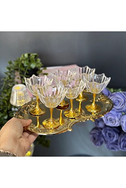 Ogeda Home 6'lı Gold Ayaklı Lotus Çiçeği Kahve Yanı Cam Lokumluk-Gold Ayaklı ...