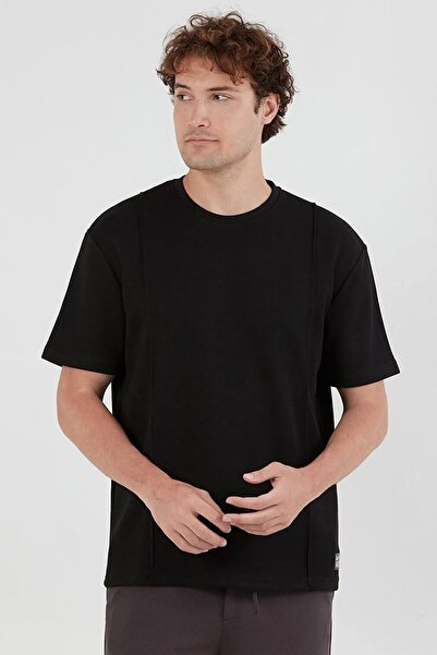 TENA Men's Black Crew Neck T-Shirt with Grass Stitching on the Front Modal