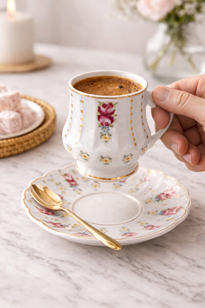 welcomein 6 Kişilik Porselen Türk Kahvesi Fincan Takımı Çiçek Desenli Altın D...