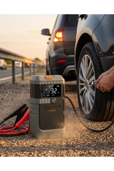 ZEMİRA HOME Araç Akü Takviye Powerbank Lastik Şişirme Kompresörü LED Işıklı Ç...
