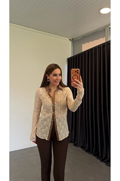 elif teke Satin Collar Lace Shirt Brown