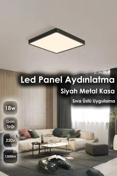 Saule 20x20 cm Orta Boy 18W Siyah Metal Kasa Led Panel Avize Armatür Salon Ba...