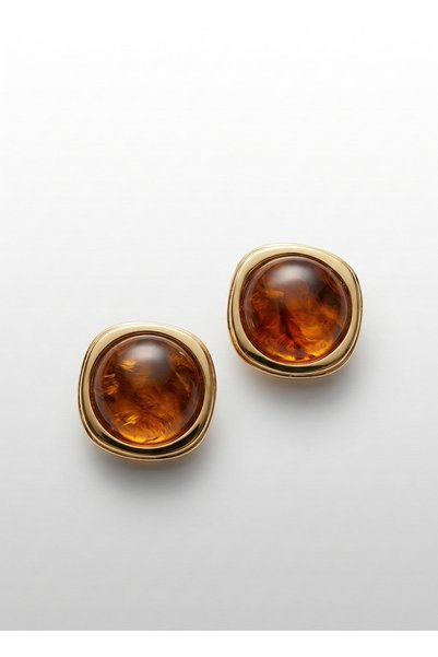 FiveStudio Gold Vintage Inspired Iconic Amber Cabochon and Gold-Tone Statement Earrings -