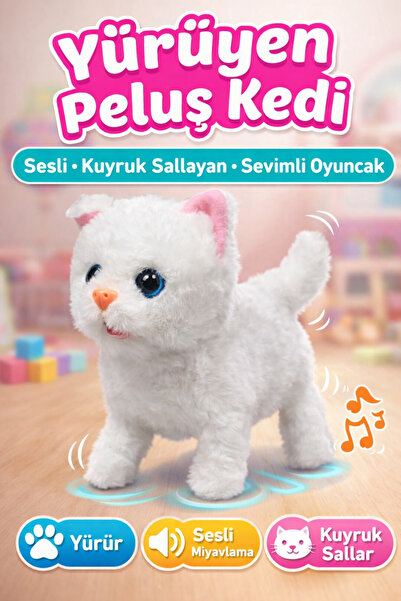 TRENDZONE Yürüyen Sesli Peluş Kedi Oyuncak – Miyavlayan Kuyruk Sallayan İnter...