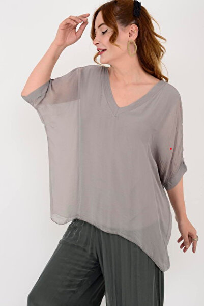 AYASOFYA OTANTIK Women's Italian Mink Plain Pattern V-Neck Silk Blouse