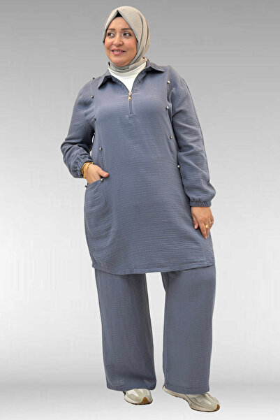 Eslina 67020 Large Size Men's Collared Muslin Trouser Suit with Half Zipper -...