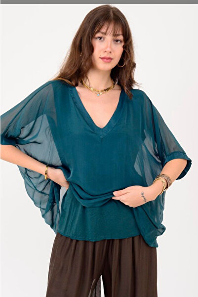 AYASOFYA OTANTIK Women's Italian Emerald Green Plain Pattern V-Neck Silk Blouse