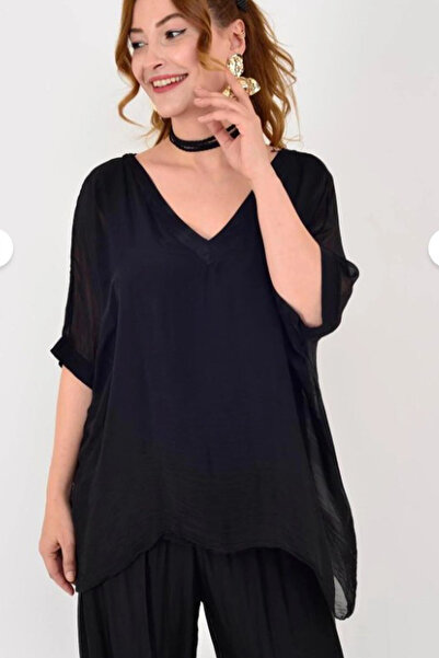 AYASOFYA OTANTIK Women's Italian Black Plain Pattern V-Neck Silk Blouse