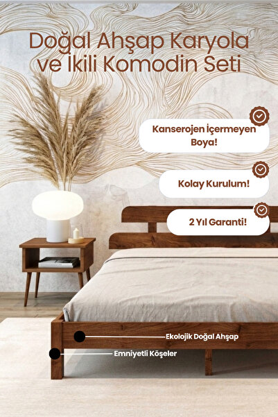 RENAZZO Lotus Masif Çam Karyola Ve İki Adet Komodin Seti - Modern Yatak Odası...