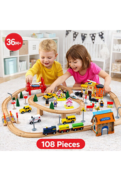OEM Set trenuleț din lemn 108 buc – Jucărie educativă de cale ferată