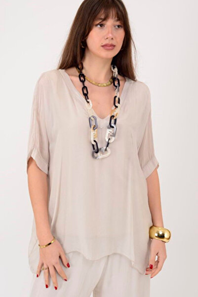 AYASOFYA OTANTIK Women's Italian Beige Plain Pattern V-Neck Silk Blouse