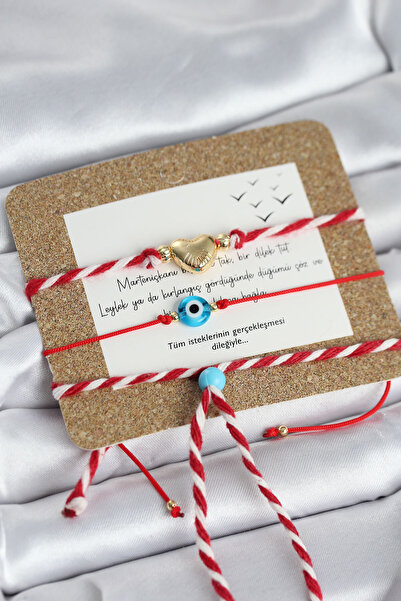 doremodam Marteniçka Bracelet with 3 Hearts and Blue Beads Model - Lisinya