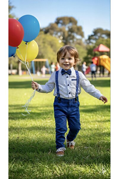 Sinem Çeyiz Terry 6303 Boy's White Navy Blue Bow Tie Suspender Linen Pants Sh...