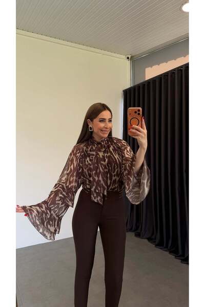 elif teke Chiffon Blouse with Folded Sleeves Detail Brown