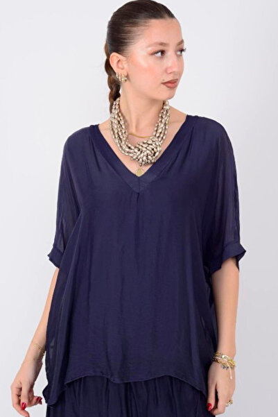 AYASOFYA OTANTIK Women's Italian Navy Blue Plain Pattern V-Neck Silk Blouse