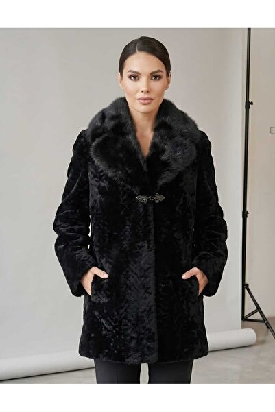 ihaoo BLACK LADIES' FUR COAT