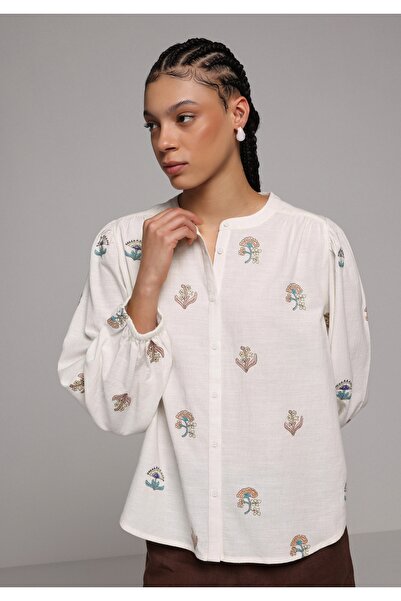 Colin's Fashion Fit Round Neck Embroidered Women's Ecru Long Sleeve Shirt