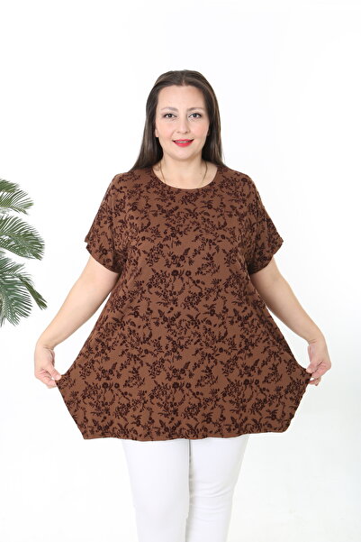 XL Modam Women's Front Embossed Pattern Brown Plus Size Tunic
