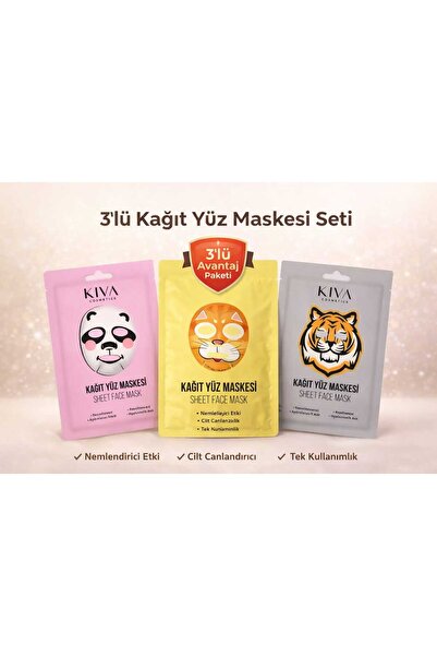 Kiva 3’lü Kağıt Yüz Maskesi Seti Panda Kaplan Kedi Sheet Face Mask Cilt Bakım...