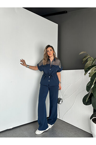 Zerrincan Giyim Navy Blue Silver Mesh Premium Set