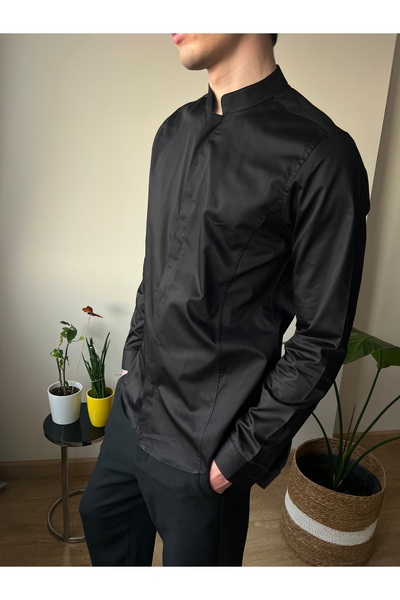 Plus Ninety Plusninety Men's Hakim Collar Cotton Satin Slim Fit Shirt