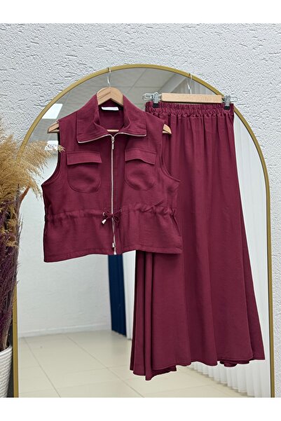 MİHRA STORE Cansel Σετ Γιλέκο με Τούνελ στη Μέση και Διπλές Τσέπες-MF678 Βουρ...