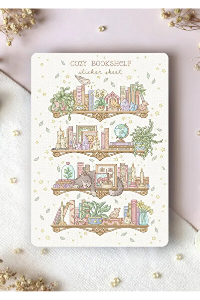 LABELOVE Cozy Bookshelf Sticker Seti A5 – Kitaplık ve Kedi Temalı Dekoratif A...