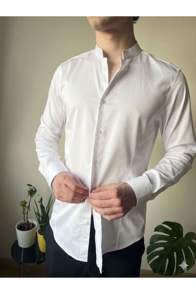 Plus Ninety Plusninety Men's Hakim Collar Cotton Satin Slim Fit Shirt