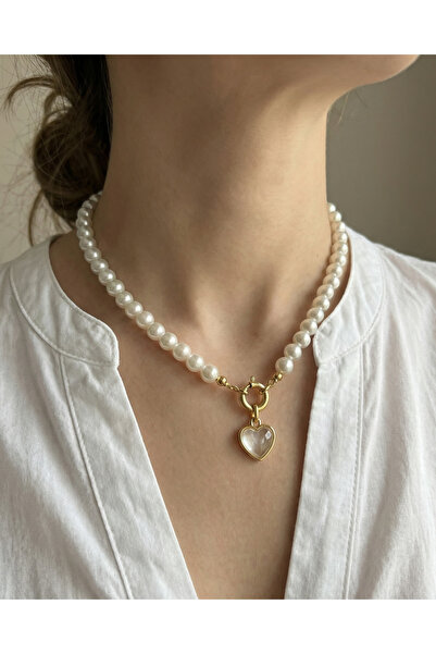 Gleemy accesories Altın Kaplama Mineli Kalp Uçlu Gemici Kilitli zarif İnci Kolye