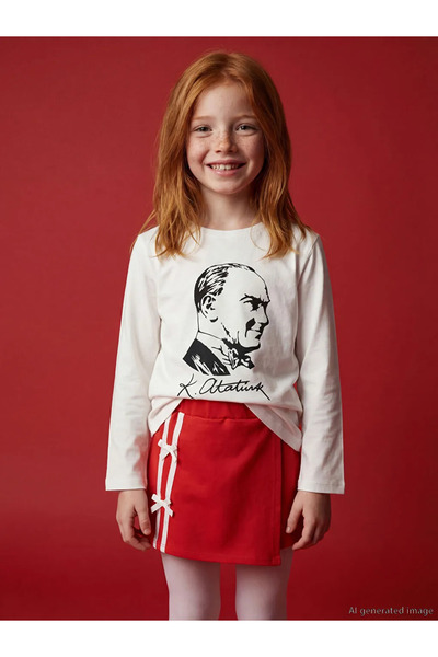 LC Waikiki LCW Kids Ekru Atatürk Baskılı Kız Çocuk Tişört