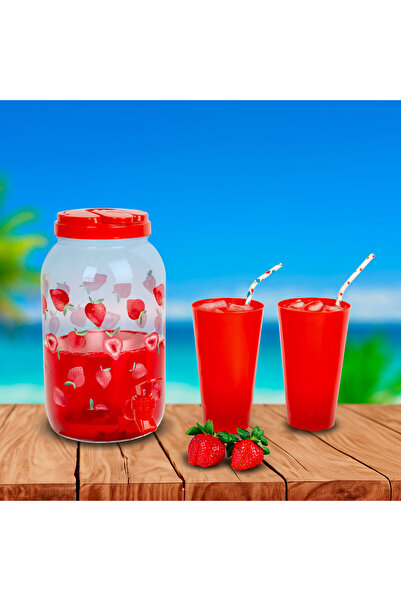 FAMİLY Drink dispenser with tap, set with plastic cups - 3.8 l - strawberry p...