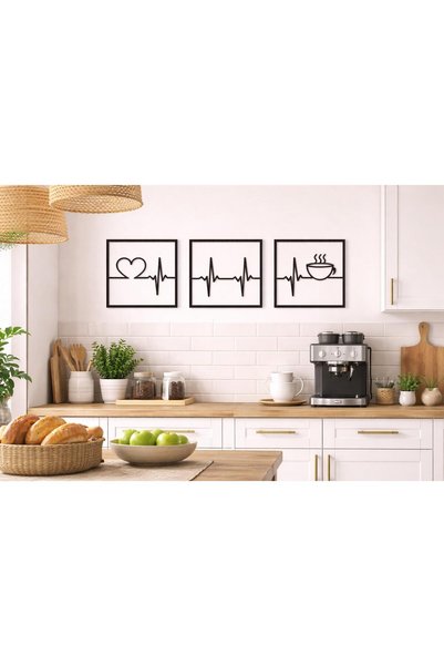 ArliaDesign Ahşap 3 lü Kare Şeklinde Kahve ve Nabız Figürü / Siyah 3 mm MDF