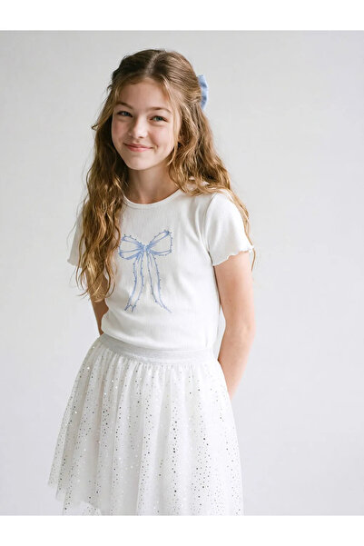 LC Waikiki LCW Παιδικό Μπλουζάκι με Φιόγκο σε Εκρού Χρώμα και Στάμπα, Κοριτσί...