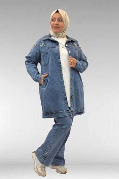 Eslina 53022 Büyük Beden Yıldız İnci Çakma Detaylı Kot Ceket - Mavi