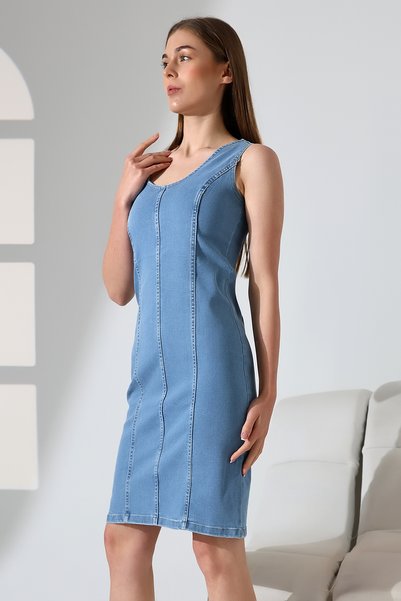 BLUE NATIONAL JEANS Women's Thick Strap Classic Model Medium Length Trendy Dress Bnj-666
