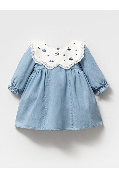 Bebomi Mavi Nakış İşlemeli Dantel Yaka Detaylı Kot Elbise