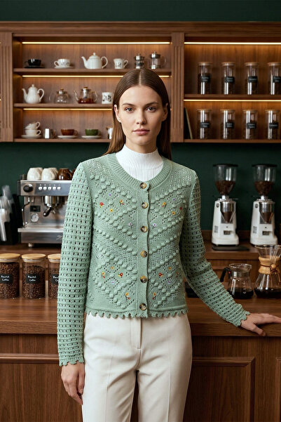 MODAQU Floral Embroidery Detailed Pompom Short Cardigan - Water Green