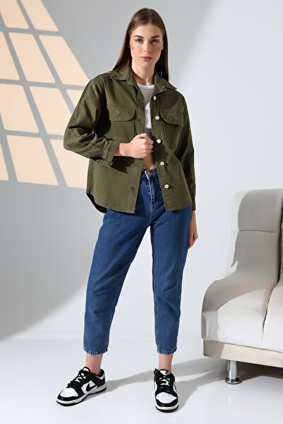 BLUE NATIONAL JEANS Women's Oversized Khaki Utility Shirt Jacket Double Pocke...
