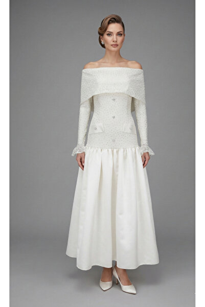 Elif Naz Moda Evi ekru dantelli madonna yaka saten etekli midi elbise