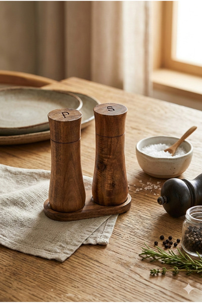 Homerest Luxury Acacia Wood Double Salt and Pepper Shaker Set, Natural Wood K...