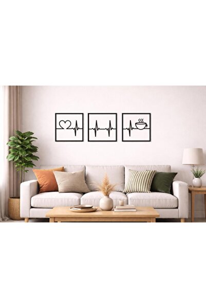 ArliaDesign Ahşap 3 lü Kare Şeklinde Kahve ve Nabız Figürü / Siyah 3 mm MDF