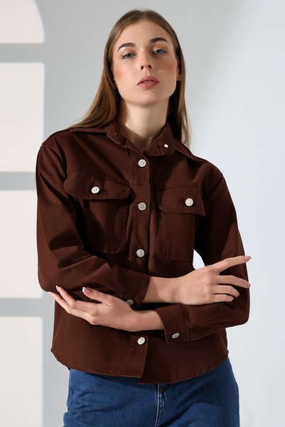 BLUE NATIONAL JEANS Women's Oversized Khaki Utility Shirt Jacket Double Pocketed Modern Style Bnj-654