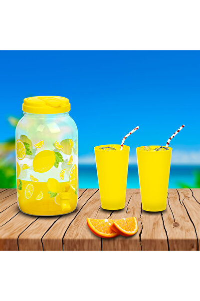 FAMİLY Drink dispenser with tap, set with plastic cups - 3.8 l - lemon pattern