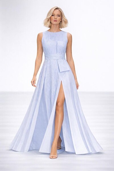 ALYEL NAKER Front Center Slit & Bow Detail Blue&White Slim Ç Striped Maxi P P...