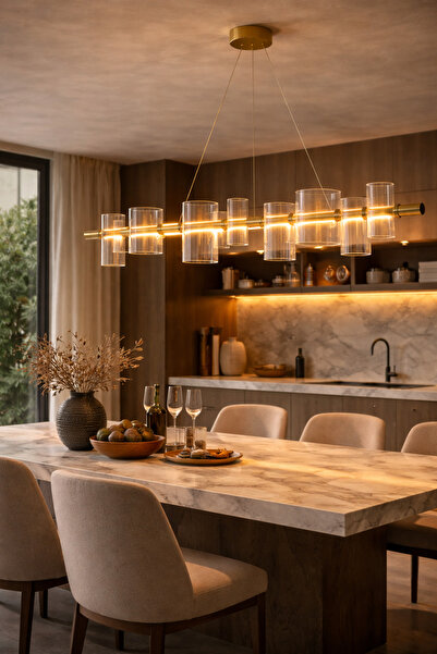 Vinner Modern Cam Silindir Lineer Avize 120 cm Bronz Metal Gövde Yemek Masası...