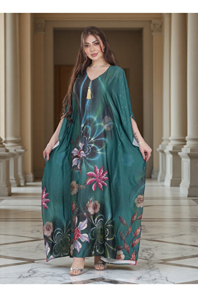Finelook Green kaftan Dress with a Colorful Floral print - Traditional Dress