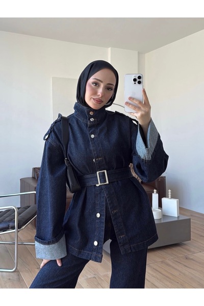Ekim Store Lacivert Dik Yaka Kemerli Ceket Pantolon Denim Takım