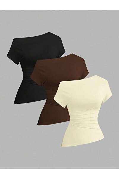 Machetta Women's Boat Neck Asymmetrical Cut 3-Pack Stretch Fabric T-Shirt Blouse