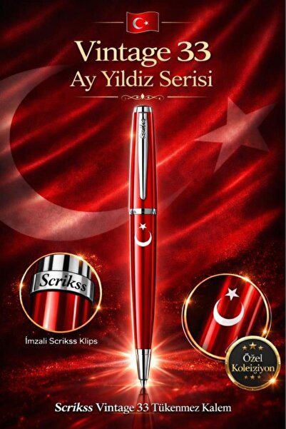 Scrikss Vintage 33 Tükenmez Kalem Kırmızı Ay Yıldız Baskılı