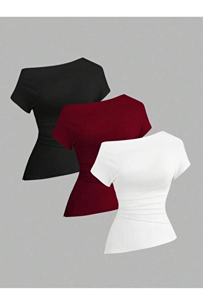 Machetta Women's Boat Neck Asymmetrical Cut 3-Pack Stretch Fabric T-Shirt Blouse